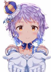 Rule 34 | 10s, 1girl, bad id, bad pixiv id, crown, gloves, highres, idolmaster, idolmaster million live!, light smile, looking at viewer, makabe mizuki, mini crown, narumi arata, outstretched arms, purple hair, short hair, simple background, solo, white background, white gloves, yellow eyes