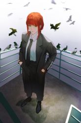 Rule 34 | 1girl, androgynous, black necktie, black pants, braid, braided ponytail, chainsaw man, collared shirt, formal, full body, hands in pockets, highres, long coat, long hair, long sleeves, makima (chainsaw man), necktie, pants, red hair, ringed eyes, shirt, simple background, solo, sudstance, suit, white shirt, yellow eyes