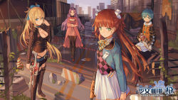 Rule 34 | &gt;:(, &gt;:), 4girls, aran sweater, arms at sides, banner, belt, black footwear, black legwear, blush, boots, breasts, cable knit, cleavage, cleavage cutout, closed mouth, clothing cutout, collar, cornelia (girl cafe gun), crop top, dress, frown, full body, girl cafe gun, gun, hair ribbon, highres, holding, holding gun, holding weapon, jacket, juno emmons, large breasts, latex, light particles, long hair, long sleeves, looking at viewer, low twintails, medium breasts, midriff, multiple girls, nola moon (girl cafe gun), norizc, open clothes, open jacket, outdoors, pantyhose, ponytail, ribbon, rifle, rococo (girl cafe gun), ruins, serious, short hair, short shorts, shorts, small breasts, smile, standing, sunlight, sweater, sweater dress, thigh boots, thighhighs, twintails, v-shaped eyebrows, watermark, wavy hair, weapon