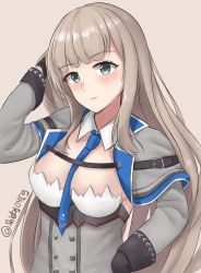 Rule 34 | 1girl, between breasts, black gloves, blue capelet, blue necktie, breasts, capelet, dress, gloves, green eyes, grey capelet, grey dress, hair down, highres, kantai collection, light brown hair, long hair, maryland (kancolle), medium breasts, multicolored capelet, necktie, necktie between breasts, shidas0459, solo, upper body