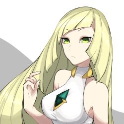 Rule 34 | 1girl, alternate breast size, bad id, bad pixiv id, bare shoulders, blonde hair, breasts, creatures (company), frown, game freak, gem, green eyes, green gemstone, highres, kyou (ningiou), long hair, looking at viewer, lusamine (pokemon), nintendo, pokemon, pokemon sm, sleeveless, solo, v-shaped eyebrows
