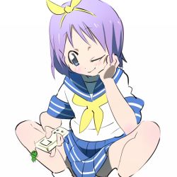 Rule 34 | 00s, bad id, bad pixiv id, cellphone, cellphone charm, charm, charm (object), hiiragi tsukasa, lucky star, one eye closed, p.k., phone, solo, squatting, wink