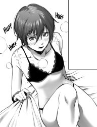 Rule 34 | 1girl, bare shoulders, bed sheet, blush, bra, breasts, collarbone, commentary, english commentary, english text, greyscale, hair between eyes, han soo-min (hanny), hanny (uirusu chan), heavy breathing, highres, lace, lace-trimmed bra, lace trim, leg up, looking at viewer, monochrome, nose blush, open mouth, original, panties, scar, sheet grab, short hair, small breasts, solo, underwear