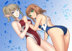 Rule 34 | 2girls, bad id, bad pixiv id, blonde hair, blue eyes, brown hair, character request, cognite, commentary request, competition swimsuit, cowboy shot, elf, from below, green eyes, highleg, highleg swimsuit, itsuki (rocketride), long hair, looking at viewer, master of epic, multicolored clothes, multicolored swimsuit, multiple girls, one-piece swimsuit, pointy ears, ponytail, short hair, swimsuit
