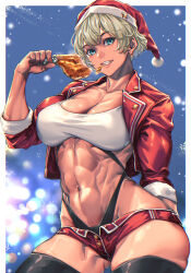Rule 34 | 1girl, abs, blonde hair, blue eyes, breasts, christmas lights, cleavage, fried chicken, hat, highres, jacket, large breasts, mikel (4hands), muscular, muscular female, open clothes, open jacket, original, santa costume, santa hat, short shorts, shorts, sleeves rolled up, solo, tank top, thighhighs, toned