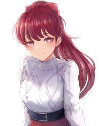 Rule 34 | 1girl, belt, belt buckle, black belt, blush, breasts, buckle, closed mouth, commentary, highres, large breasts, leonmandala, long hair, long sleeves, looking at viewer, persona, persona 5, ponytail, red eyes, red hair, red skirt, ribbed sweater, simple background, skirt, smile, solo, sweater, sweater tucked in, turtleneck, turtleneck sweater, upper body, white background, white sweater, yoshizawa kasumi