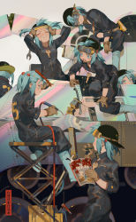 Rule 34 | 6+girls, alternate costume, baseball cap, blue eyes, blue footwear, blue hair, bodysuit, boots, brown gloves, clenched teeth, cucumber, eating, closed eyes, gloves, hair bobbles, hair ornament, hairclip, hat, kawashiro nitori, key, multiple girls, multiple persona, open mouth, profile, rei (sanbonzakura), rubber boots, sitting, teeth, text focus, touhou, twintails