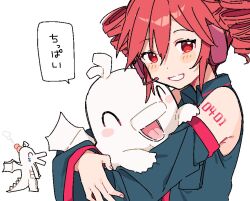 Rule 34 | 1girl, ^ ^, animal, black shirt, black sleeves, blush, blush stickers, closed eyes, collared shirt, crying, dragon, drill hair, from side, grin, head bump, headset, holding, holding animal, hug, kasane teto, long sleeves, looking at viewer, looking to the side, maguro kan, multiple head bumps, multiple views, number tattoo, open mouth, red eyes, red hair, shirt, shoulder tattoo, simple background, sleeveless, sleeveless shirt, smile, speech bubble, suki na souzai happyou dragon (utau), tattoo, translation request, twin drills, upper body, utau, white background, wide sleeves