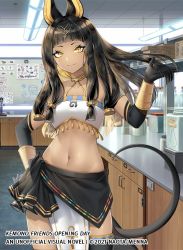 Rule 34 | 1girl, alt text, animal ears, anubis (kemono friends) (saika ryougi), armlet, black hair, blunt bangs, borrowed character, bracer, closed mouth, commentary, copyright notice, egyptian clothes, elbow gloves, english commentary, eyelashes, gloves, halterneck, hand on own hip, hand up, indoors, jackal ears, jackal tail, jewelry, kemono friends, kemono friends opening day, long hair, menna (0012), navel, original, second-party source, skirt, smile, solo, stomach, strapless, tail, tan, tiara, tube top, yellow eyes