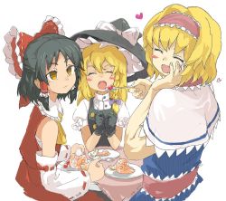 Rule 34 | 1boy, 2girls, alice margatroid, bent spoon, black gloves, black hair, black headwear, black vest, blonde hair, blue dress, blush stickers, bow, braid, capelet, cherry, closed eyes, closed mouth, commentary request, cookie (touhou), cowboy shot, detached sleeves, dress, empty eyes, feeding, food, frilled bow, frills, fruit, gelatin, genderswap, genderswap (ftm), gloves, hair bow, hairband, hakurei reimu, half updo, happy, hat, heart, heart in mouth, holding, holding spoon, jealous, kirisame marisa, long hair, looking at another, medium hair, multiple girls, open mouth, pink hairband, pink sash, puffy short sleeves, puffy sleeves, purple bow, red bow, red shirt, red skirt, rei (cookie), ribbon-trimmed sleeves, ribbon trim, sakuranbou (cookie), sananana (cookie), sash, shirt, short hair, short sleeves, side braid, simple background, single braid, skirt, sleeveless, sleeveless shirt, smile, spoon, staring, table, touhou, trap, vest, white background, white capelet, white shirt, white sleeves, witch hat, yellow eyes, yellow neckwear, yma