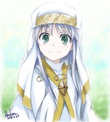 Rule 34 | 1girl, alternate hair color, artist name, blue hair, closed mouth, dated, green eyes, habit, highres, index (toaru majutsu no index), kem kem, long hair, looking at viewer, md5 mismatch, nun, robe, safety pin, signature, smile, solo, toaru majutsu no index