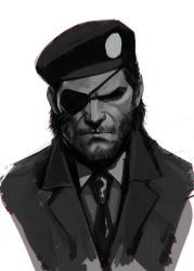 Rule 34 | 1boy, beard, big boss, closed mouth, cropped torso, eyepatch, facial hair, greyscale, highres, hikichi sakuya, male focus, mature male, metal gear (series), metal gear solid, monochrome, mustache, necktie, old, old man, portrait, short hair, sketch, solo, white background, wrinkled skin