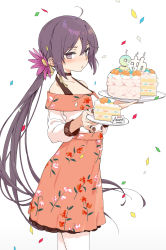 Rule 34 | 1girl, absurdres, aka ringo, akebono (kancolle), anniversary, bell, blouse, cake, confetti, cowboy shot, floral print, flower, food, hair bell, hair flower, hair ornament, highres, jingle bell, kantai collection, long hair, looking at viewer, official alternate costume, pink skirt, purple eyes, purple hair, shirt, side ponytail, skirt, solo, very long hair, white background, white shirt