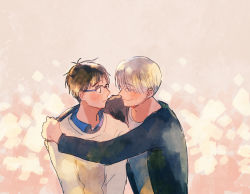 Rule 34 | 2boys, arms around neck, bad id, bad pixiv id, beige background, beige sweater, black eyes, black hair, black jacket, blue-framed eyewear, blue eyes, closed mouth, collared shirt, dress shirt, expressionless, eye contact, eyes visible through hair, face-to-face, facing away, glasses, hair over one eye, half-closed eyes, hands on another&#039;s shoulders, ima (minitomato123), jacket, katsuki yuuri, lens flare, light blush, looking at another, male focus, multiple boys, open clothes, open jacket, over-rim eyewear, profile, semi-rimless eyewear, shirt, side-by-side, silver hair, simple background, smile, sweater, swept bangs, undershirt, upper body, v arms, viktor nikiforov, white shirt, wide-eyed, yaoi, yuri!!! on ice