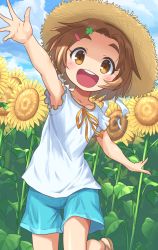 Rule 34 | 1girl, :d, bare arms, blue shorts, blush, brown eyes, brown hair, child, cloud, clover, clover hair ornament, day, field, flower, flower field, four-leaf clover, hair ornament, hat, highres, idolmaster, idolmaster cinderella girls, looking at viewer, neck ribbon, open mouth, orange ribbon, outdoors, outstretched arms, ribbon, ryuzaki kaoru, sandals, shiny skin, shirt, short hair, short shorts, shorts, smile, solo, straw hat, sun hat, sunflower, sunflower field, thigh gap, white shirt, yama tatsuo, yellow flower, yellow hat