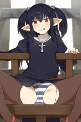 Rule 34 | 1girl, :q, black hair, black pantyhose, blush, cross, hair bobbles, hair ornament, highres, itou ryuusei, jewelry, long hair, looking at viewer, necklace, original, panties, pantyhose, pointy ears, red eyes, sitting, skull, smile, solo, spread legs, striped clothes, striped panties, tongue, tongue out, torn clothes, torn pantyhose, twintails, underwear