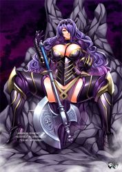 Rule 34 | 1girl, armor, axe, black armor, black thighhighs, boots, breasts, camilla (fire emblem), deviantart username, fire emblem, fire emblem fates, full body, gauntlets, gloves, gold trim, greaves, hair over one eye, high heels, holding, holding axe, jadenkaiba, large breasts, long hair, nintendo, parted lips, pixiv username, purple gloves, purple hair, see-through, sitting, smile, solo, spread legs, thigh boots, thighhighs, tiara, watermark, weapon, web address
