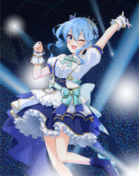 Rule 34 | 1girl, ;d, absurdres, aqua bow, aqua bowtie, arms up, audience, bare legs, blue eyes, blue footwear, blue hair, blue skirt, blush, boots, bow, bowtie, breasts, brooch, buttons, clenched hand, commentary, concert, dress, felutiahime, foot out of frame, frilled skirt, frills, glowstick, hair up, highres, hololive, hololive idol uniform (bright), hoshimachi suisei, idol, idol clothes, indoors, jewelry, layered dress, leaning back, leg up, light blue hair, medium breasts, one eye closed, open mouth, puffy short sleeves, puffy sleeves, short sleeves, sidelocks, skirt, smile, solo, stadium, standing, teeth, tiara, upper teeth only, virtual youtuber, white dress, white wrist cuffs, wrist cuffs