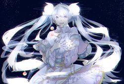 Rule 34 | 1girl, bad id, bad pixiv id, capelet, chromatic aberration, flower, hand on own chest, hatsune miku, headset, light particles, lily of the valley, long hair, looking at viewer, manako (manatera), open mouth, outstretched hand, grey eyes, silver hair, snowflake print, snowflakes, solo, twintails, very long hair, vocaloid, yuki miku