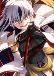 Rule 34 | 1girl, :d, armor, black gloves, black hair, cluseller, fate/grand order, fate (series), gloves, highres, holding, holding weapon, long hair, nagao kagetora (fate), open mouth, smile, solo, teeth, weapon, white hair, yellow eyes