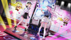 2girls absurdres arcade_cabinet artist_request bang_dream! bang_dream!_it&#039;s_mygo!!!!! baseball_cap belt bemani black_hat black_overskirt black_shoes black_skirt blonde_hair blue_hat blue_jacket bracelet chihaya_anon chinese_commentary commentary_request commission dance_dance_revolution fang hair_between_eyes hanasakigawa_school_uniform haneoka_school_uniform hat headphones headphones_around_neck highres incredibly_absurdres index_finger_raised jacket jewelry kneehighs light_particles long_hair medium_hair misumi_uika multiple_girls one_eye_closed open_mouth overskirt pink_hair pink_skirt pleated_skirt school_uniform second-party_source skirt socks sweater white_footwear white_skirt white_socks white_sweater yellow_belt