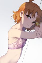 Rule 34 | 1girl, against wall, ahoge, bare arms, bare shoulders, bra, breasts, brown eyes, closed mouth, commentary request, crossed arms, dutch angle, food print, from side, grey background, hair bobbles, hair ornament, hands up, head tilt, highres, hiroki (yyqw7151), idolmaster, idolmaster million live!, looking at viewer, looking to the side, medium breasts, orange hair, pink bra, print bra, shade, short hair, simple background, smile, solo, stomach, strawberry bra, strawberry print, striped bra, striped clothes, underwear, underwear only, upper body, vertical-striped bra, vertical-striped clothes, yabuki kana