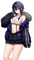 Rule 34 | 1girl, :o, absurdres, bare shoulders, black hair, black jacket, black skirt, breasts, commentary request, cowboy shot, crop top, fur-trimmed jacket, fur trim, hair between eyes, highres, ichinose uruha, jacket, kushinaka, long sleeves, looking at viewer, midriff, miniskirt, navel, off shoulder, open clothes, parted lips, pleated skirt, purple eyes, shirt, short hair, simple background, skirt, sleeveless, sleeveless shirt, small breasts, solo, standing, stomach, thighs, virtual youtuber, vspo!, white background, white shirt