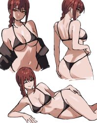 Rule 34 | 1girl, ass, bikini, black bikini, braid, braided ponytail, breasts, chainsaw man, cropped legs, highres, large breasts, lying, makima (chainsaw man), multiple views, navel, off shoulder, on side, one eye closed, orange eyes, parted lips, red hair, ringed eyes, simple background, stomach, swimsuit, white background, zeon (zzeeonn)