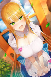 Rule 34 | 1girl, akitaka akita, apron, blonde hair, blue bow, blue skirt, blush, bow, breasts, cloud, commentary request, day, door, dutch angle, elf, frilled apron, frilled skirt, frills, green eyes, heart, highres, holding, holding tray, large breasts, leaf, long hair, looking at viewer, maid, maid headdress, open mouth, original, pointy ears, puffy short sleeves, puffy sleeves, reflection, short sleeves, skirt, solo, straight hair, striped, striped bow, tray, very long hair, white apron, wind