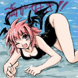 Rule 34 | 1girl, :d, bare legs, black one-piece swimsuit, blush stickers, breasts, cleavage, commentary request, demon tail, demon wings, feet out of frame, head wings, koakuma, legs, looking at viewer, medium breasts, messy hair, nanashii (soregasisan), one-piece swimsuit, one eye closed, open mouth, pointing, pointing at viewer, pool, poolside, red eyes, red hair, short hair, smile, solo, swimsuit, tail, touhou, translation request, water, wings