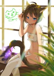 Rule 34 | 1girl, ahoge, animal ear legwear, animal ears, arm support, backlighting, bad id, bad twitter id, bell, blue eyes, blurry, blush, bow, breasts, brown hair, cat cutout, cat ear legwear, cat ear panties, cat ears, cat lingerie, cat tail, chibi, chibi inset, cleavage cutout, closed mouth, clothing cutout, commentary request, depth of field, frills, twirling hair, indoors, meme attire, navel, omucchan (omutyuan), original, palm tree, panties, short hair, side-tie panties, signature, sitting, small breasts, solo, stomach, stuffed animal, stuffed cat, stuffed toy, sunlight, tail, tail bow, tail ornament, text focus, thighhighs, tree, underwear, underwear only, white bow, white panties, white thighhighs, window