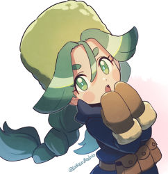 Rule 34 | 1girl, blue pupils, blush stickers, brown bag, brown mittens, commentary request, creatures (company), eyelashes, floating hair, fur hat, game freak, green eyes, green hair, green hat, hair between eyes, hands up, hat, jacket, long hair, long sleeves, looking at viewer, mittens, momoji (lobolobo2010), nintendo, open mouth, own hands together, pokemon, pokemon legends: arceus, sabi (pokemon), solo, teeth, tongue, twintails, twitter username, upper teeth only, white background
