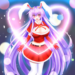 Rule 34 | 1girl, animal ears, bell, neck bell, blush, breasts, rabbit ears, christmas, cleavage, collar, heart, highres, kou (inaba), large breasts, light purple hair, long hair, looking at viewer, midriff, navel, open mouth, purple hair, red eyes, reisen udongein inaba, skirt, solo, touhou, very long hair