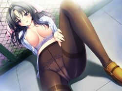 Rule 34 | 1girl, antenna hair, areola slip, black pantyhose, bottomless, breasts, crotch seam, game cg, highres, large breasts, leg up, legs, long legs, mihara shizu, nipples, open clothes, open shirt, panties, panties under pantyhose, pantyhose, riv (rivleaf), shirt, solo, spread legs, thighband pantyhose, thighs, underwear, vestige