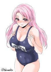 Rule 34 | 1girl, blue one-piece swimsuit, blush, breasts, cleavage, commentary request, cowboy shot, highres, kantai collection, large breasts, long hair, luigi di savoia duca degli abruzzi (kancolle), multicolored hair, name tag, one-hour drawing challenge, one-piece swimsuit, pink hair, red eyes, red hair, school swimsuit, simple background, solo, standing, streaked hair, swimsuit, takomeshi, twitter username, white background