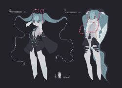 Rule 34 | 1girl, aqua hair, bare shoulders, black shirt, black skirt, chinese commentary, closed mouth, commentary request, detached sleeves, empty eyes, flat color, full body, grey background, grey eyes, hair between eyes, hatsune miku, long hair, multiple views, no lineart, shirt, showgirl skirt, sideless shirt, simple background, skirt, twintails, very long hair, vocaloid, wide sleeves, zhepsikn