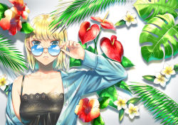 Rule 34 | 1girl, absurdres, adjusting eyewear, adjusting glasses, aqua eyes, black camisole, blonde hair, blue-tinted eyewear, blue-tinted glasses, blue shirt, buttons, camisole, collarbone, commentary request, flower, flower request, hand on eyewear, hand up, highres, huge filesize, leaf, long hair, long sleeves, looking over eyewear, looking over glasses, nail polish, off shoulder, open clothes, open shirt, original, parted lips, pink nails, raito (latek), red flower, shadow, shirt, short hair, simple background, solo, spaghetti strap, sunglasses, teeth, tinted eyewear, upper body, white background