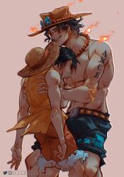 Rule 34 | 2boys, arm tattoo, back, belt, black hair, black shorts, bracelet, carrying, carrying person, closed eyes, commentary, elbow pads, english commentary, fire, freckles, hat, highres, instagram logo, instagram username, jewelry, male focus, monkey d. luffy, multiple boys, necklace, one piece, orange hat, pearl necklace, portgas d. ace, shirt, short hair, shorts, simple background, single elbow pad, sleeveless, sleeveless shirt, smile, straw hat, tattoo, topless male, twitter logo, twitter username, vanxllavina