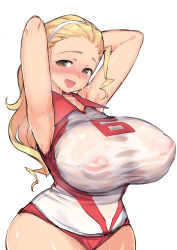 Rule 34 | 10s, 1girl, absurdres, armpits, arms up, bad id, bad pixiv id, blonde hair, blush, breasts, brown eyes, covered erect nipples, curvy, girls und panzer, hairband, highres, hip focus, huge breasts, long hair, looking at viewer, nipples, puffy nipples, sasaki akebi, see-through, simple background, smile, solo, try (lsc), wet, wet clothes
