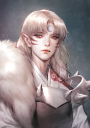 Rule 34 | 1boy, armor, arms at sides, chest guard, closed mouth, commentary, crescent, crescent facial mark, english commentary, facial mark, forehead mark, fur, grey background, hexagon, highres, inuyasha, japanese clothes, kimono, lips, long hair, long sleeves, looking afar, male focus, orange eyes, pointy ears, ryeowon kwon, sesshoumaru, solo, upper body, whisker markings, white hair, yellow eyes