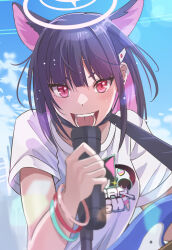 Rule 34 | 1girl, animal ears, black hair, blue archive, blue sky, blurry, bracelet, cat ears, cat girl, clothes writing, cloud, colored inner hair, commentary request, day, extra ears, halo, highres, holding, holding microphone, jewelry, kazusa (band) (blue archive), kazusa (blue archive), looking at viewer, microphone, multicolored hair, nikulas cage, official alternate costume, open mouth, outdoors, pink eyes, pink hair, pink halo, shirt, short hair, sky, solo, two-tone hair, upper body, white shirt