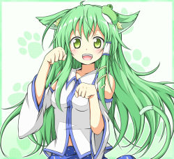 Rule 34 | 1girl, animal ears, bare shoulders, blush, breasts, cat ears, cat girl, cat tail, detached sleeves, female focus, frog, green eyes, green hair, hair ornament, karamoneeze, kemonomimi mode, kochiya sanae, matching hair/eyes, open mouth, paw pose, smile, snake, solo, tail, touhou, upper body, white background
