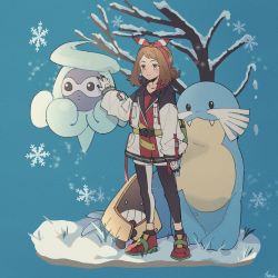 Rule 34 | 1girl, alternate costume, arm at side, bare tree, black leggings, blush, bow hairband, brown hair, castform, castform (snowy), closed mouth, coat, commentary request, creatures (company), game freak, gen 3 pokemon, gloves, grass, grey eyes, hairband, hari611, highres, leggings, long sleeves, may (pokemon), medium hair, nintendo, pokemon, pokemon (creature), pokemon oras, red hairband, sealeo, shoes, snorunt, snow, snowflakes, socks, standing, tree