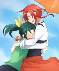 Rule 34 | 10s, 2girls, aoki shizumi, blush, embarrassed, closed eyes, green hair, hino akane (smile precure!), hug, midorikawa nao, multiple girls, ponytail, precure, red hair, scared, school uniform, screaming, sleeves rolled up, smile precure!, umbrella, wavy mouth