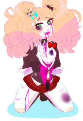 Rule 34 | 1girl, arms behind back, bear hair ornament, black necktie, black shirt, blonde hair, blood, blood from mouth, blood on clothes, blood on face, blood on leg, bloody tears, blue eyes, bow, bowtie, breasts, bruise, bruise on face, bruised eye, calf boots, cleavage, collar, danganronpa: trigger happy havoc, danganronpa (series), drop shadow, enoshima junko, eyebrows, eyebrows hidden by hair, eyelashes, female focus, full body, green eyes, hair ornament, highres, injury, kneeling, medium breasts, multicolored eyes, multicolored necktie, necktie, nosebleed, open mouth, pink blood, pink eyes, plaid, plaid skirt, red bow, red skirt, shirt, signature, skirt, sleeves rolled up, solo, teeth, twintails, white background, white collar, white necktie