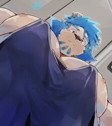 Rule 34 | 1boy, bara, black tank top, blue hair, brown fur, character request, foreshortening, from below, furry, furry male, highres, huge pectorals, indie virtual youtuber, liger boy, looking at viewer, looking down, male focus, meme, mikiya (mine miki0840), muscular, muscular male, nipple slip, nipples, pectoral cleavage, pectoral focus, pectorals, photo-referenced, short hair, sidepec, solo, tank top, thick eyebrows, upper body, virtual youtuber, yur oc like this (meme)