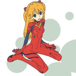 Rule 34 | 1girl, :o, arm support, blue eyes, bodysuit, bracer, clenched hand, flat chest, from side, full body, gen (susono01), gloves, hair ornament, long hair, looking at viewer, lowres, neon genesis evangelion, oekaki, open mouth, orange hair, pilot suit, plugsuit, red hair, sitting, skinny, solo, souryuu asuka langley, spread legs, turtleneck, wariza