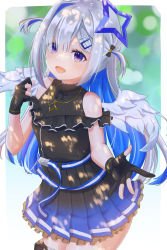 Rule 34 | 1girl, :d, absurdres, amane kanata, amane kanata (work), angel, angel wings, bare shoulders, beckoning, belt, black dress, black gloves, blue belt, blue hair, colored inner hair, dress, feathered wings, gloves, hair ornament, hair over one eye, hairclip, halo, highres, hololive, jewelry, long hair, looking at viewer, multicolored hair, necklace, nushiya (ayihsem), open mouth, partially fingerless gloves, pleated dress, pouch, purple eyes, short dress, silver hair, single hair intake, sleeveless, sleeveless dress, smile, solo, star (symbol), star halo, star necklace, thigh pouch, two side up, virtual youtuber, white wings, wings