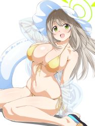 Rule 34 | 1girl, :d, bikini, blue archive, blush, breasts, brown hair, bursting breasts, cleavage, collarbone, front-tie bikini top, front-tie top, green eyes, halo, hat, inflatable toy, innertube, large breasts, light brown hair, loliconder, long hair, looking at viewer, navel, nonomi (blue archive), nonomi (swimsuit) (blue archive), open mouth, see-through, see-through sleeves, side-tie bikini bottom, simple background, sitting, skindentation, smile, solo, sun hat, swim ring, swimsuit, thick thighs, thighs, wariza, white background, white hat, yellow bikini