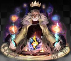 Rule 34 | alternate universe, book, brown eyes, chain, coat, crown, dominica ([=^o^=]), fire, fur trim, glasses, gravity falls, grey hair, jacket, magic, male focus, old, old man, open book, orb, planet, smile, solo, stanford pines, torn clothes, torn jacket